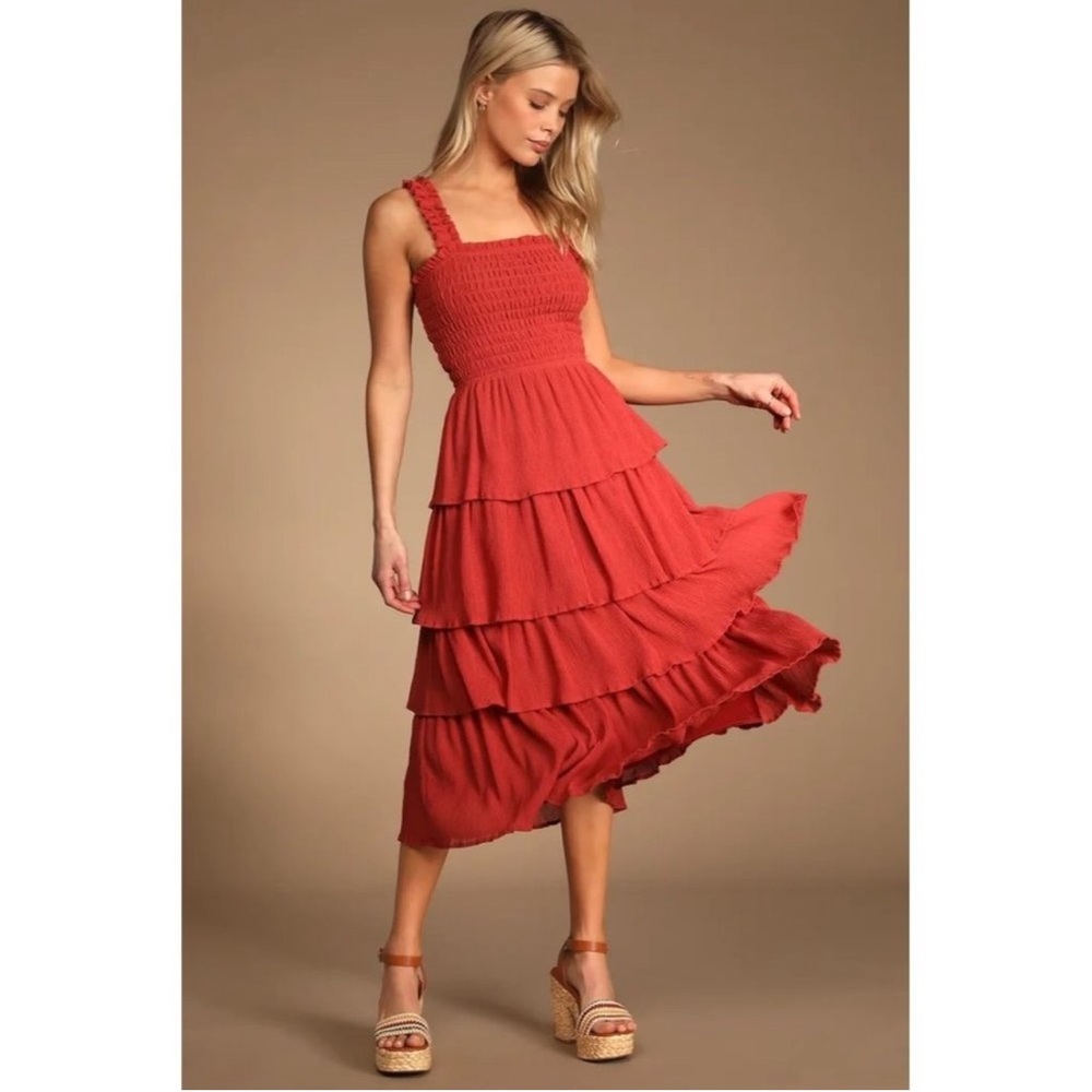 Lulu's Sunshine and Bliss Rust Orange Smocked Tiered Midi Dress XL
